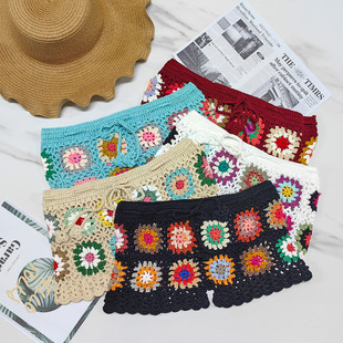 Beach shorts cross-border European and American women's clothing color random crocheted flower block stitching grandmother Plaid hip hot pants