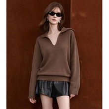 海军领简约丝光羊毛针织衫女2026早春新款懒惰风宽松显瘦棕色上衣