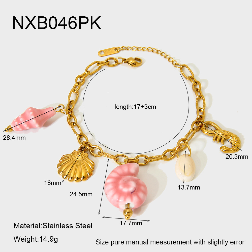 18K Real Gold Plated Plating Material Beach Sweet Starfish Conch Shell 304 Stainless Steel Ceramics Figaro Chain Multi Charms Bracelet In Bulk