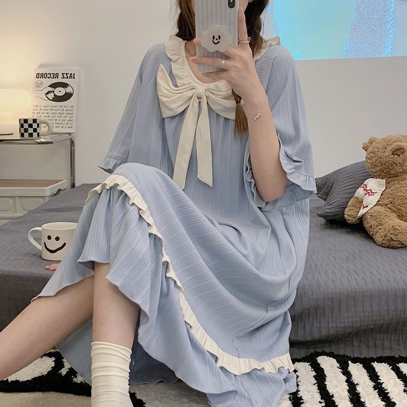 胸パッド付きネグリジェ、半袖ゆったり学生パジャマ、女性夏年齢軽減プリンセス風春秋寮ミドル丈、屋外で着用可能|undefined