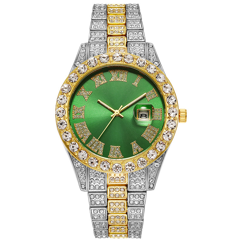 Europa y América nuevo estilo agua fantasma grande rhinestone diamante reloj de los hombres escala romana calendario hip hop reloj de los hombres reloj de oro verde completo reloj de diamantes
