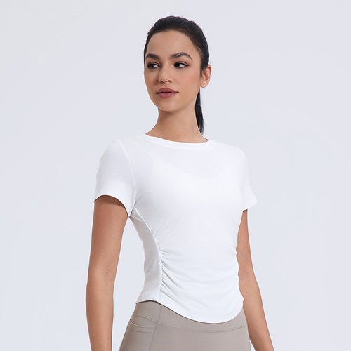 Yuejia Spring and Summer Round Neck Gathered Bottoming Shirt Casual Sports Short Sleeve Slim Fitness Yoga Wear Sports Top for Women