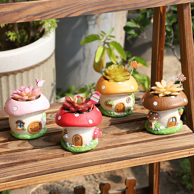 Chậu Cây Resin Chậu cây hình nhà nấm resin, chậu mọng nước mini, trang trí sân vườn bàn làm việc (RG-34)