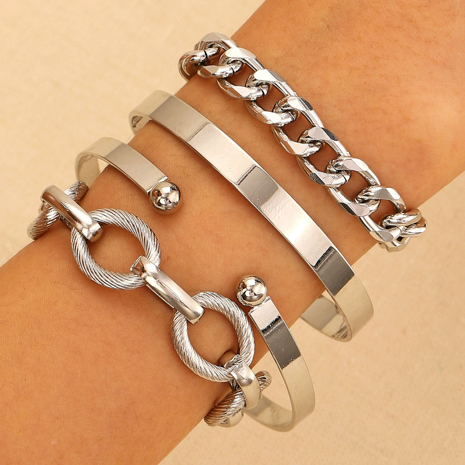Metal Bracelet Set, 4-Piece Multi-Style (hip-hop, punk, European) – mixed finishes
