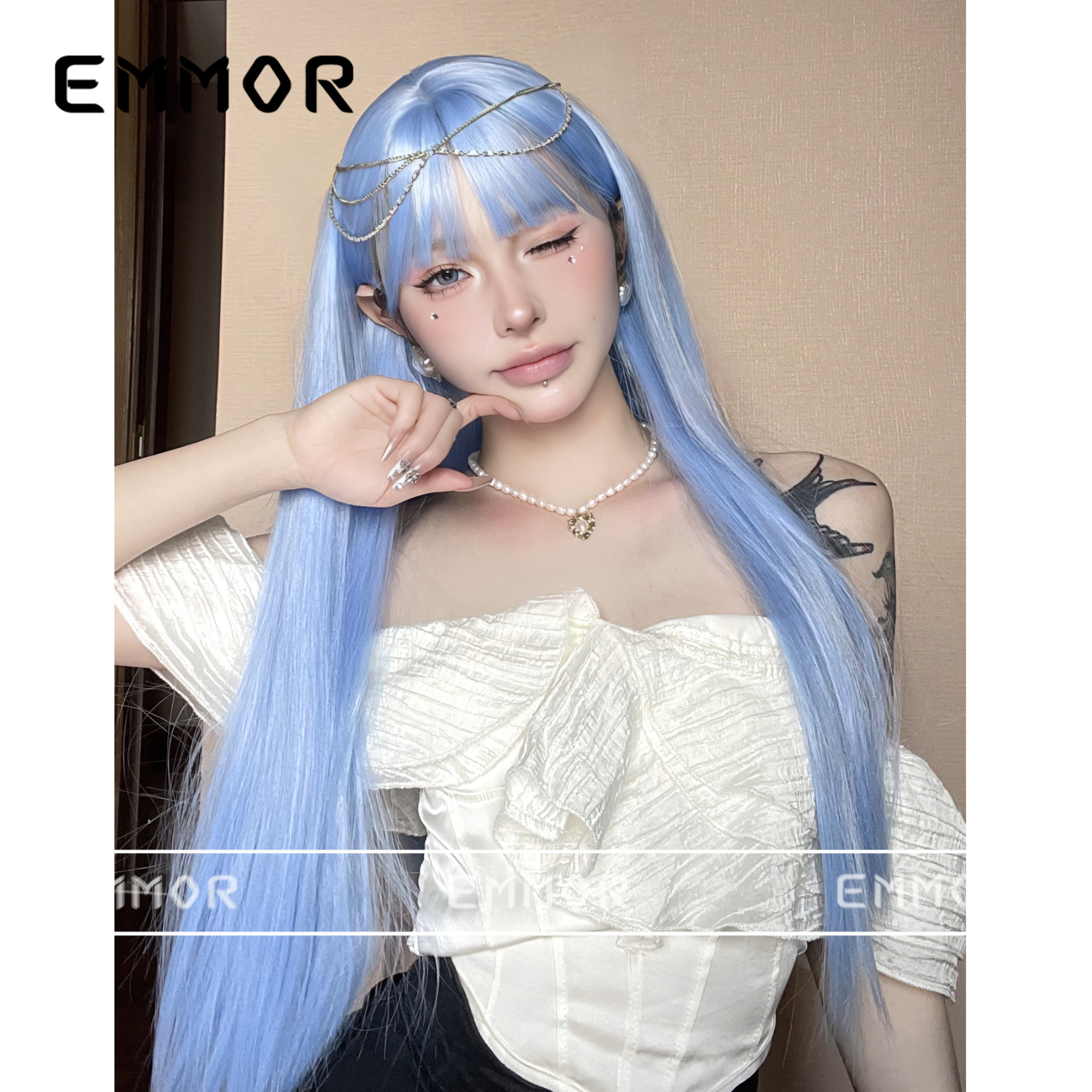 Colorido peluca aire flequillo largo pelo recto blanco moda Lolita Anime dos dimensiones en línea celebridad cos cubierta de la cabeza completa