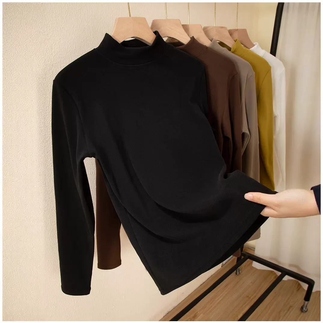 德绒磨毛小立领打底衫女 纯色修身长袖 电商直播货源 批量货源