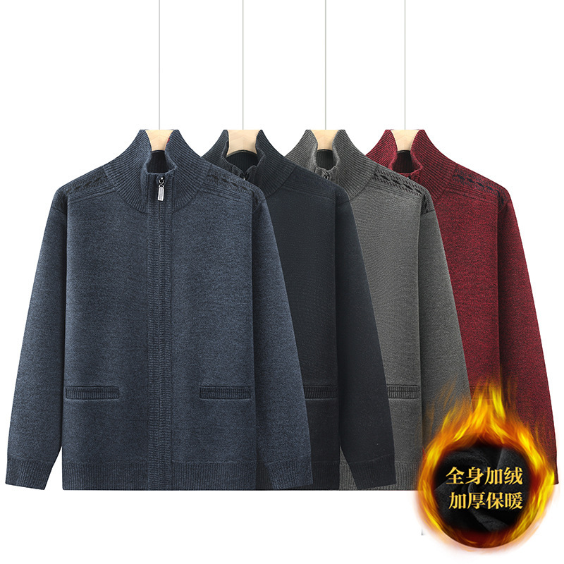 Middle-aged Dad Sweater Men's Autumn and Winter fleece-lined Top Warm Knitted Loose Casual Grandpa Clothes for the Elderly