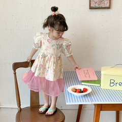 Korean Children's Fashion Girl Baby Trendy Bubblesleeve Dress 2024 Summer New Baby Sweet Splicing Princess Skirt