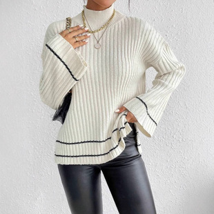 2024 Autumn Clothes Women's Knitted Sweater Europe and America Amazon Source Factory Leisure Stitching Contrast Color Loose Long Sleeve