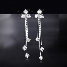 S925银针长款方形锆石耳环女网红同款气质甜美百搭小方块流苏耳饰