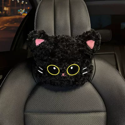 Car Headrest Neck Pillow Cartoon Cute Cat Car Cushion Winter Plush Car Lumbar Pillow Set for Women (Headrest) - black-huggable-cat-headrest-single
