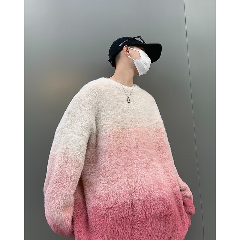 가을과 겨울 두꺼운 스웨터 남자 한국 스타일 패셔너블 루즈 그라디언트 니트 스웨터 겨울 INS 홍콩 스타일 게으른 스웨터 재킷