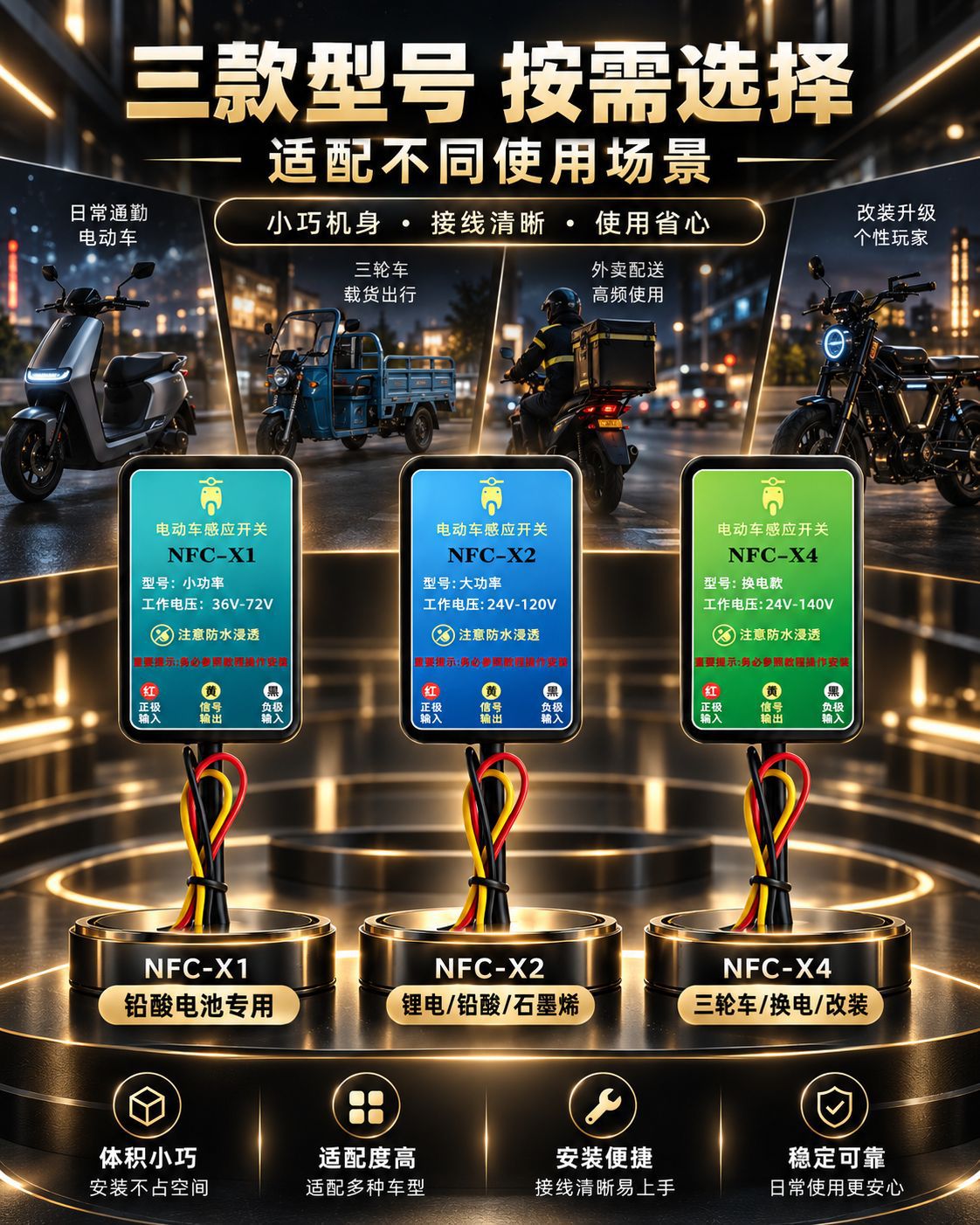 Supports electric vehicles with 36-140V high-power batteries; NFC start/stop module for electric vehicles; NFC starter for electric vehicles