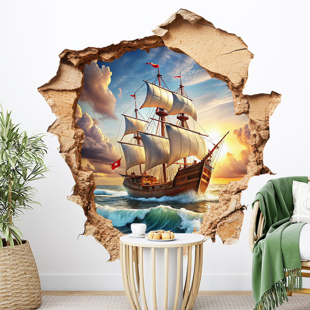 Aike Dd3681 Creative Retro Hole Sailboat Wall Sticker Living Room Bedroom Background Wall Decoration Self-Adhesive Sticker