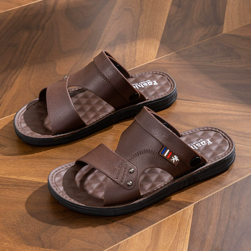 Летняя классическая мода бизнес повседневная помощь кожаные мужские сандалии оптовые наружные противоскользящие и износостойкие мужские холодные тапочки