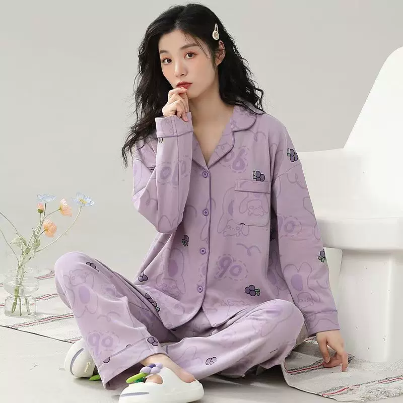 跨境外贸tiktok直播春秋爆款翻领睡衣女开衫长袖卡通家居服女套装
