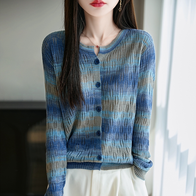 感镂空撞色彩虹条纹针织开衫女轻薄外搭防晒衣设计感洋气小衫|undefined