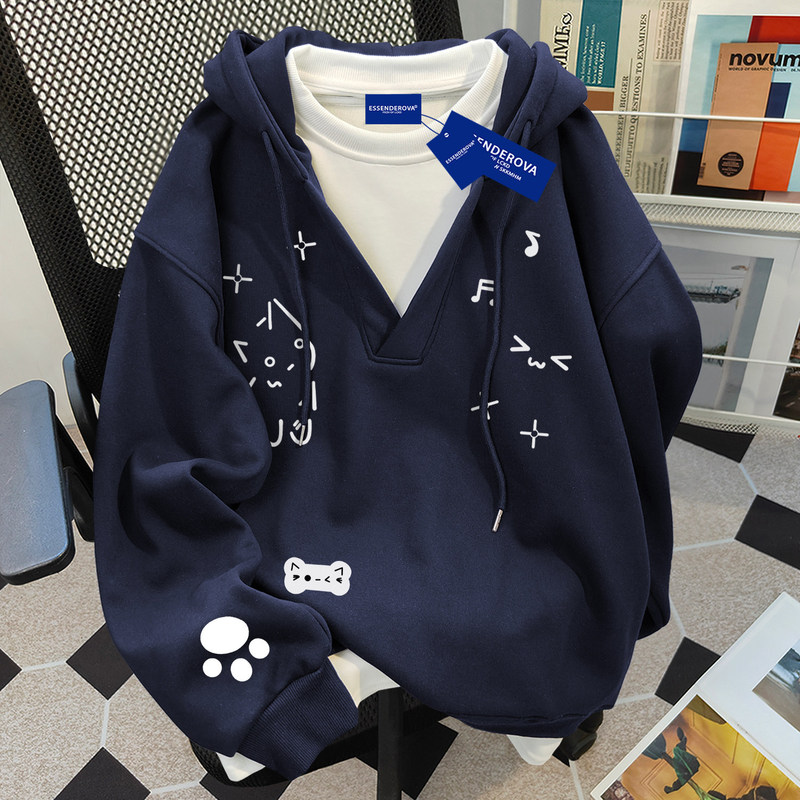 2025 Autumn/Winter Cute Color-Block Loose Hooded Sweatshirt for Women, American Style Line Art Cat Print, Faux Two-Piece Couple's Top