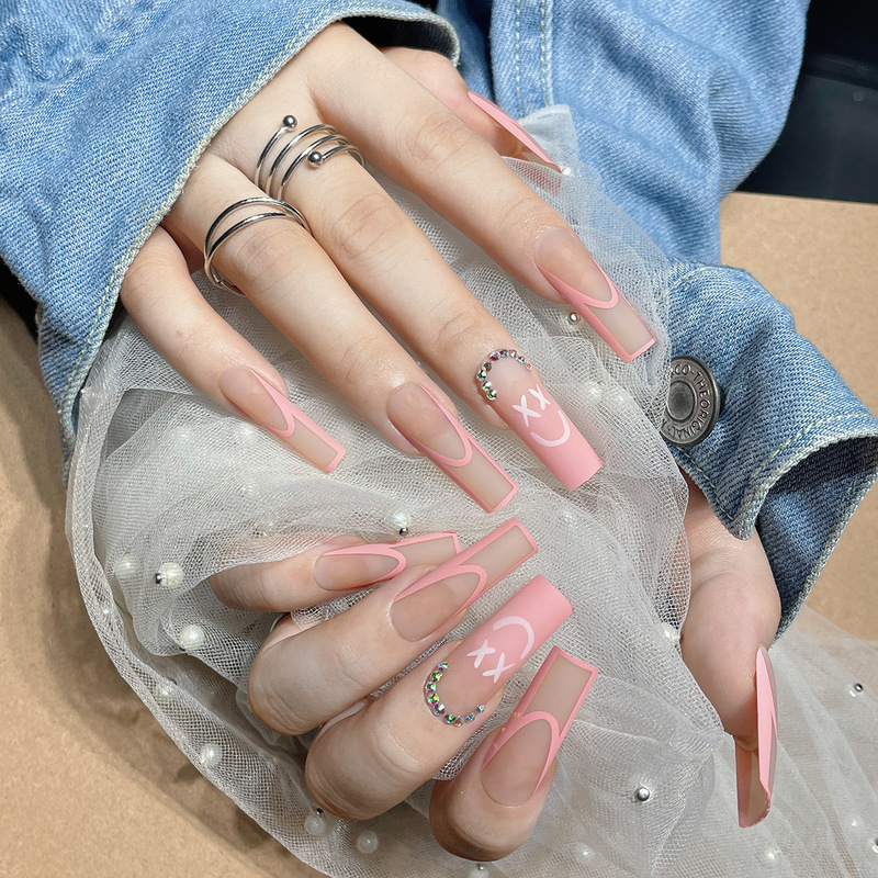 Girl pink European and American wear nail face long water pipe nail piece finished product wholesale frosted matte fake nail