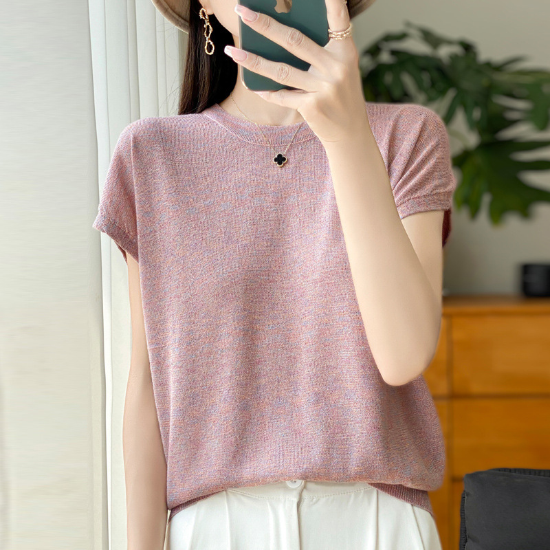 Bright Silk Short-sleeved T-shirt Women's Summer New Round Neck T-shirt Loose Inner Knitted Base Shirt Women's Top Thin Batch Bright Silk Short-sleeved T-shirt Women's Summer New Round Neck T-shirt Loose Inner Knitted Base Shirt Women's Top Thin Batch