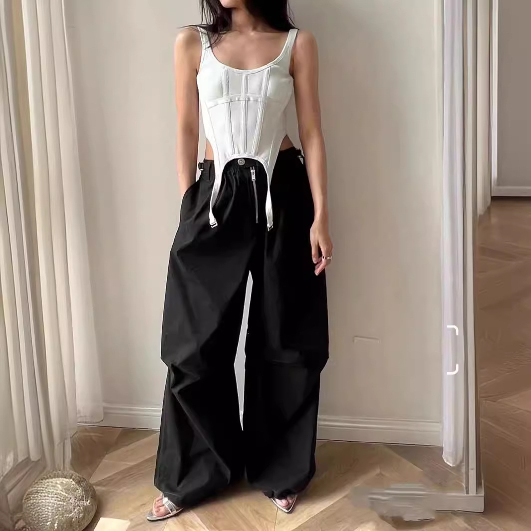 Pantalones cargo de paracaídas americanos de diseñador, pantalones de pierna ancha holgados y adelgazantes con cordón y cremallera fina de verano image 3