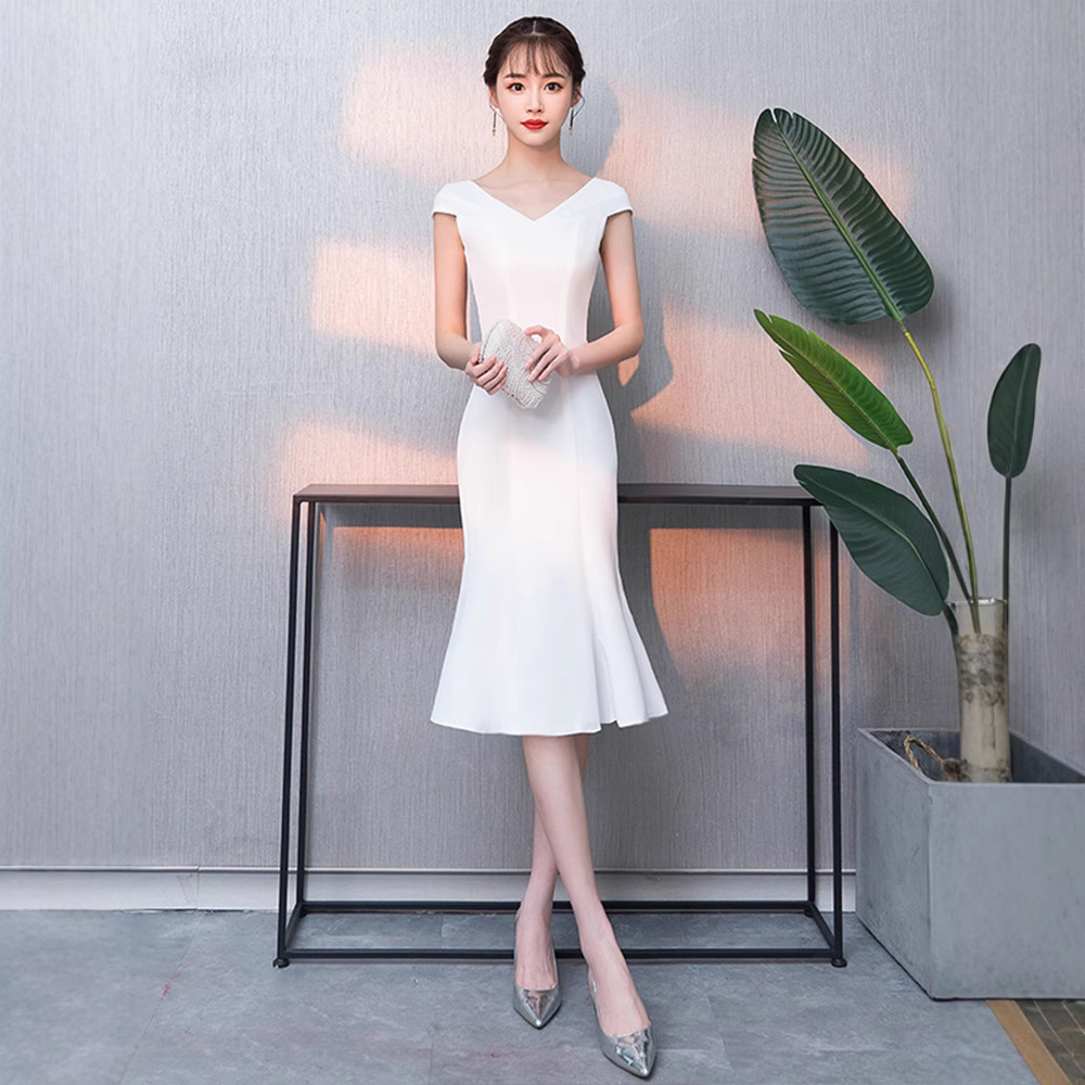 Evening Dress Dress Female Simple and Generous Host Temperament White Little Dinner Dress Banquet Usually Wear