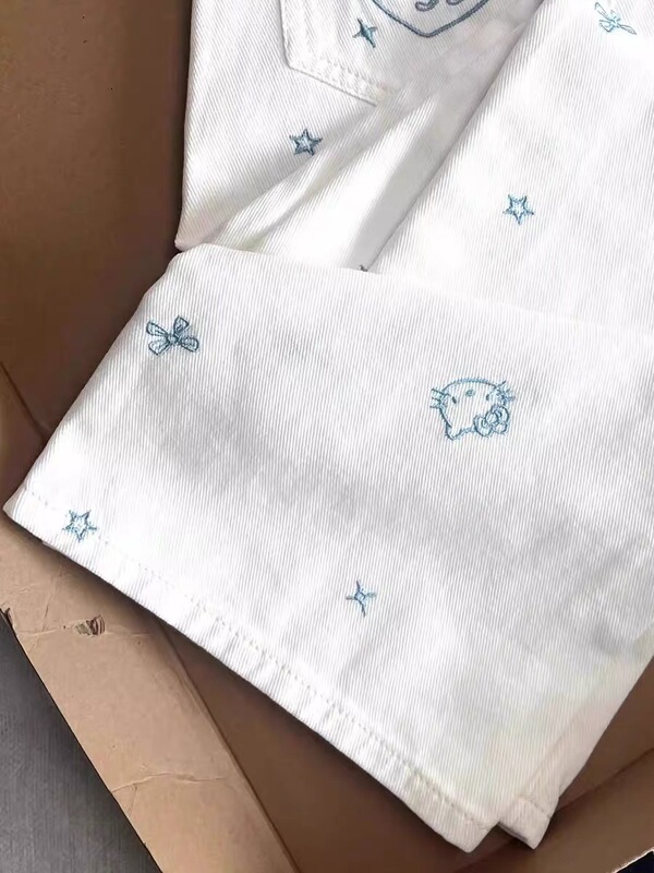 かわいい漫画キティ猫刺繍ホワイトジーンズ女性の夏薄いハイウエストスリムストレートルーズワイドレッグパンツ|undefined