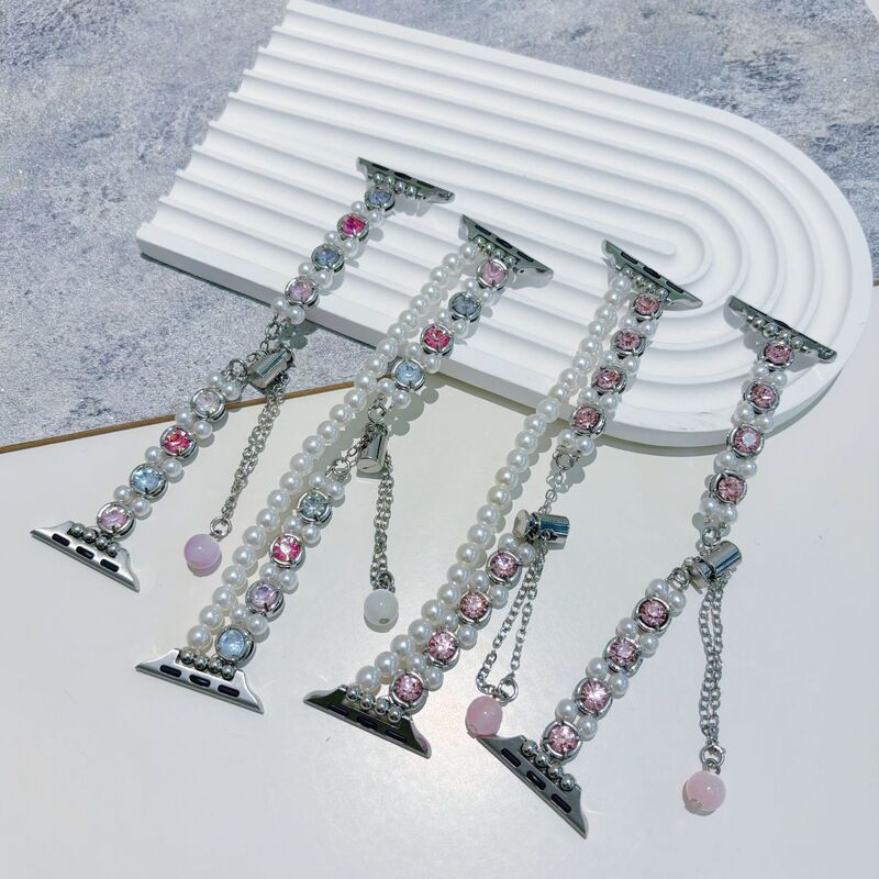 Round Gemstone and Pearl Bracelet Strap Suitable for Apple Watch iWatch 11Th Generation 7654Se