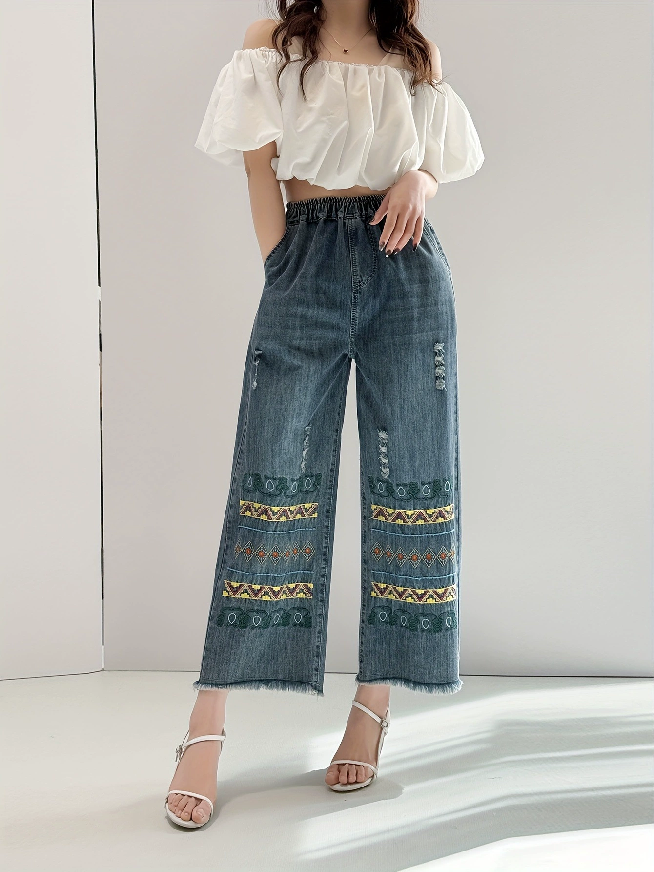 2025 новые трансграничные европейские и американские элегантные богемные рваные широкие джинсы с вышивкой (необработанные)