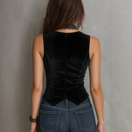 Black High-End V-Neck Slim-Fitting Short Vest Trendy Velour High-End Vest Jacket
