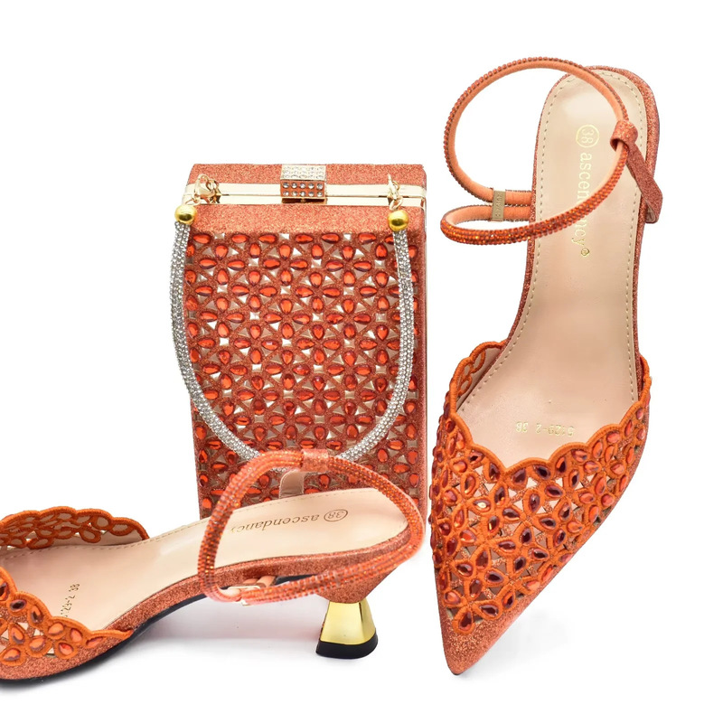 Cross-Border Hot-Selling Foreign Trade Women's Pointed Toe Hollow Rhinestone Heels with Bag Set Banquet Shoes and Bags Fashionable and Versatile