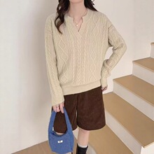 复古麻花纹针织衫上衣秋冬新款高级感显瘦法式v领宽松套头毛衣女