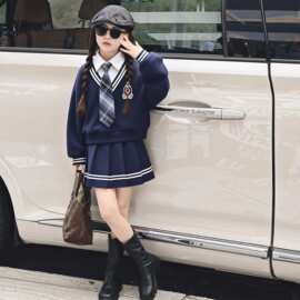 女童学院风套装洋气假两件上衣春秋新款儿童韩系jk百褶短裙两件套