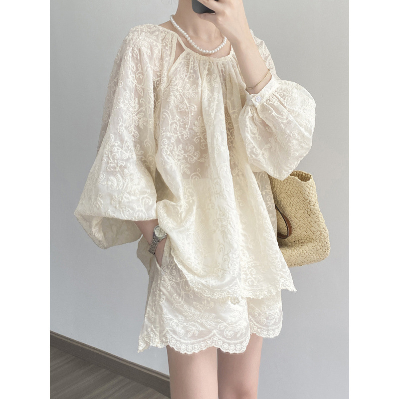 Tencel Embroidered Sun Protection Shirt and Shorts Two-Piece Set for Women Summer Loose Top and Three-Quarter Pants Relaxed Outfit Set