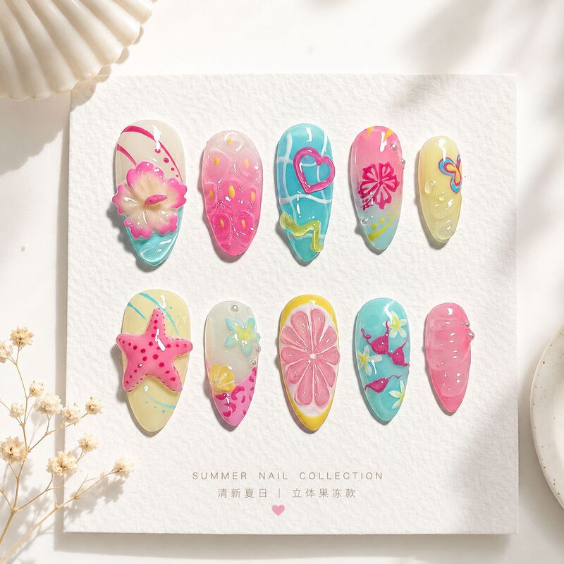 Cross-Border Almond-Shaped Nail Tips, 30 Pieces, Summer Beach Shell 3D Floral Butterfly Heart Handmade Nail Art Pieces