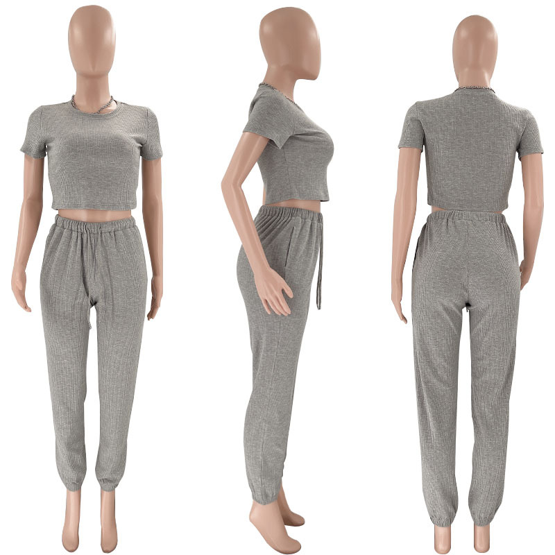 Spring Summer Solid Color Waffle round Neck Short Sleeve Women Clothing Casual Trousers Sets 68 Spring Summer Solid Color Waffle round Neck Short Sleeve Women Clothing Casual Trousers Sets