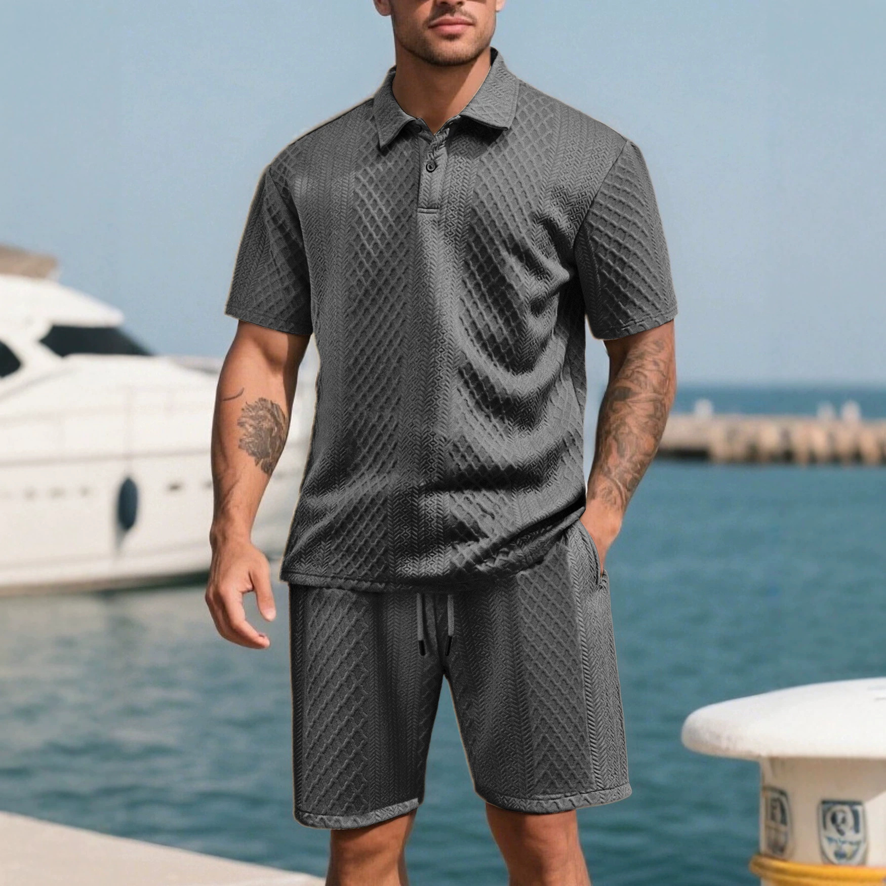 Pantalones cortos casuales de hombre de tela jacquard recta con cordón micro elástico suelto de verano TK de talla grande para hombre transfronterizo europeo y americano