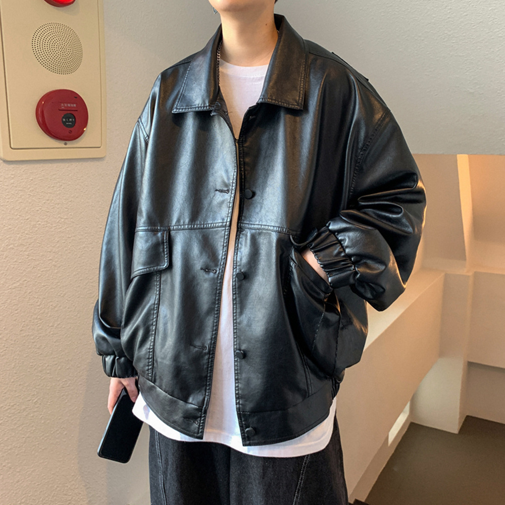 Men's jacket, Spring autumn oversized motorcycle suit men, loose and trendy PU leather for young pilots, _voghion.com