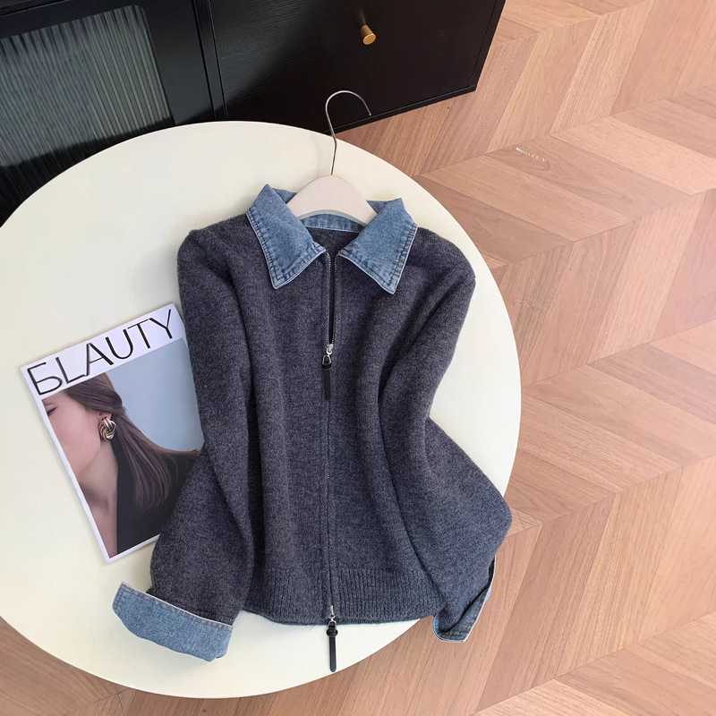 Turn-Down Collar Long-Sleeve Denim Patchwork Double-Zipper Knit Cardigan for Women, New Spring Style, Lazy Style, Versatile Fake Two-Piece Sweater Turn-Down Collar Long-Sleeve Denim Patchwork Double-Zipper Knit Cardigan for Women, New Spring Style, Lazy Style, Versatile Fake Two-Piece Sweater
