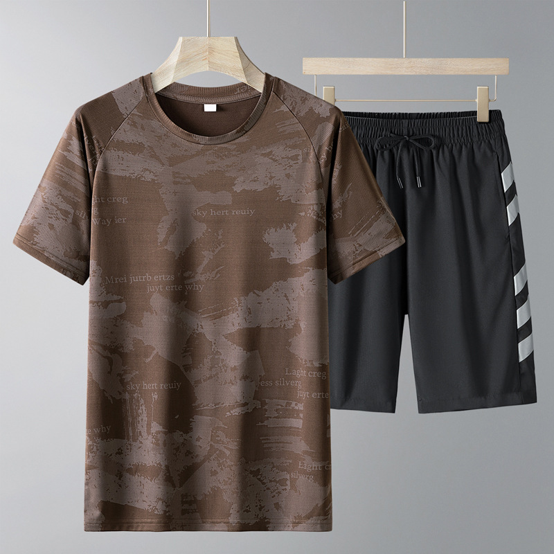 Transfronterizos de verano manga corta traje casual hombre suelto hielo traje de correr pantalones cortos secos rápidos traje deportivo hombre grande