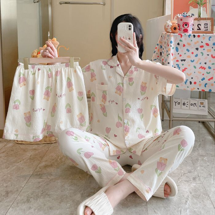 Venta al por mayor transfronteriza 120g pijamas de algodón de nube de verano de manga corta para mujer pantalones cortos de algodón de nube de verano de tres piezas servicio a domicilio de dibujos animados