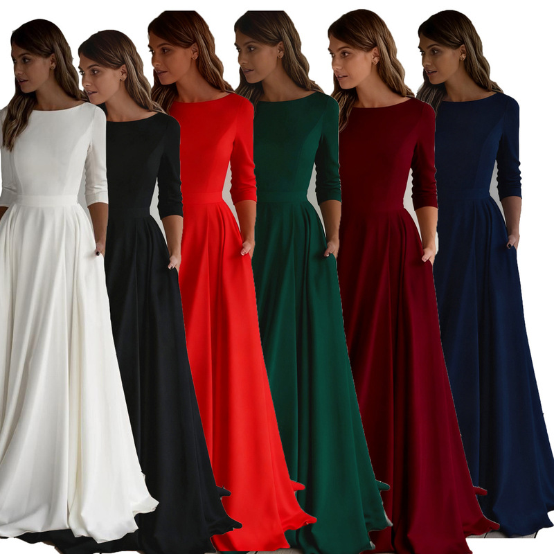 2025 New Simple Long-Sleeved Bridal Travel Photography Long Light Wedding Dress White Round Neck Long Dress Popular Multi-Color Dress