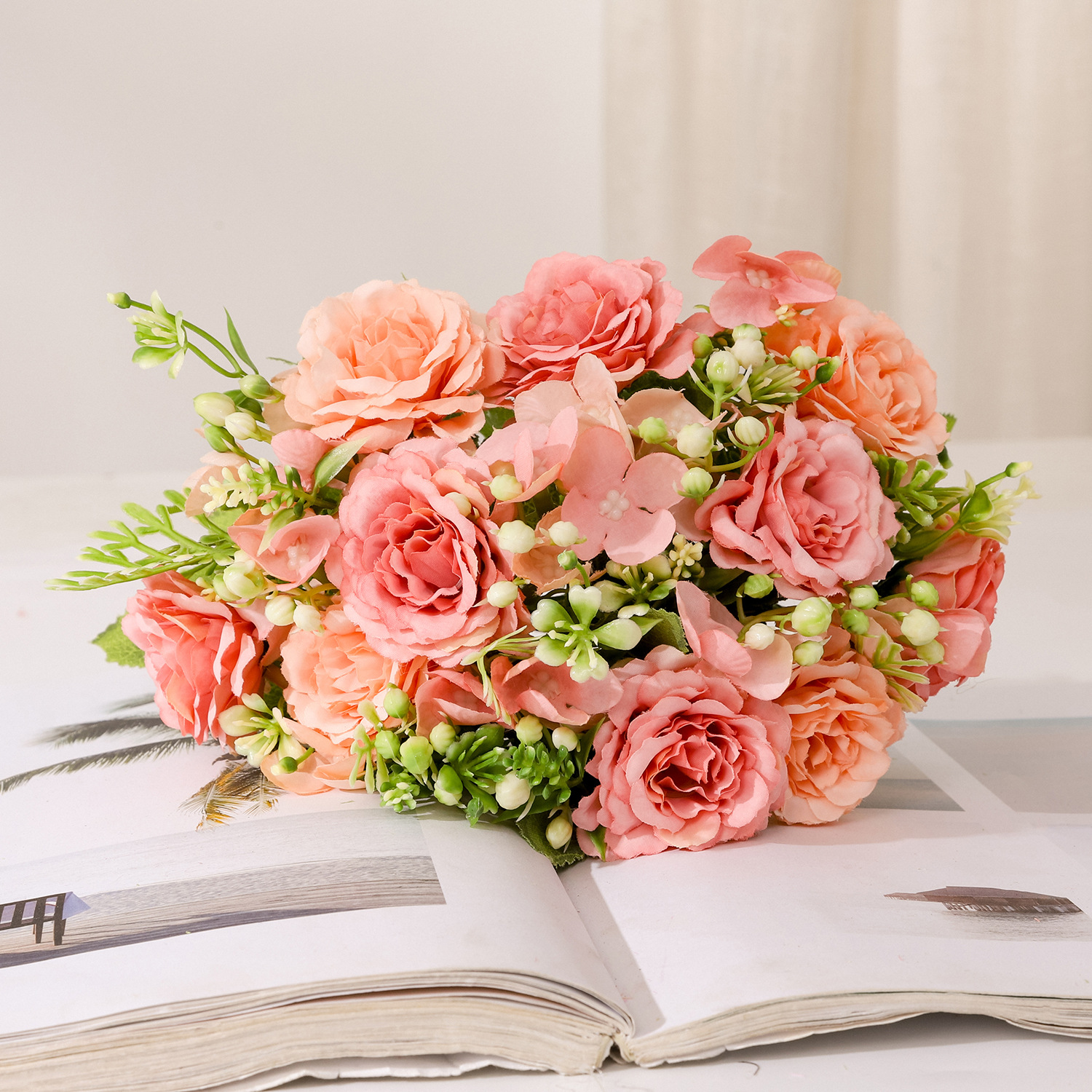 Flores artificiales, ramo decorativo, flores de plástico, rafia, peonía, rosa, arreglo floral, ramo individual, flores secas artificiales, decoración para sala de estar