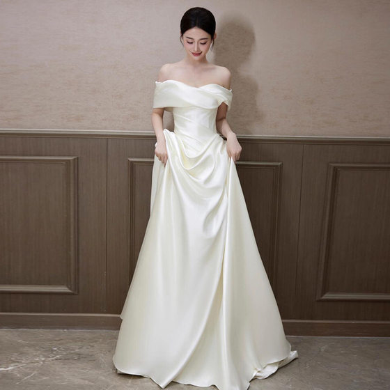 French Light Wedding Dress Elegant Bride AliExpress Vintage 2024 New Style Out-of-house Yarn Off-shoulder Engagement White Dress