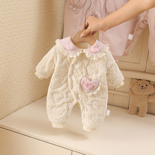 婴儿秋冬毛毛领连体衣加绒夹棉棉衣开襟爬服女宝宝洋气蝴汉服棉服