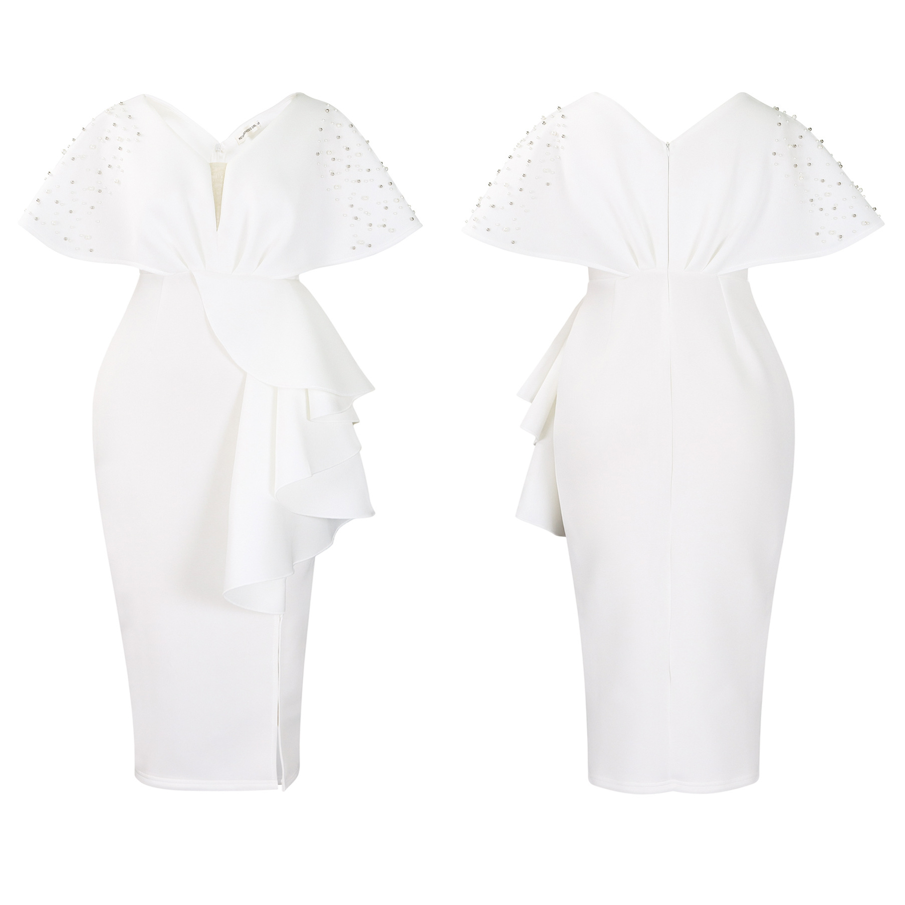 Robe de soirée sexy à col en V et à volants avec fente perlée, robe de banquet de tempérament de célébrité_voghion.com