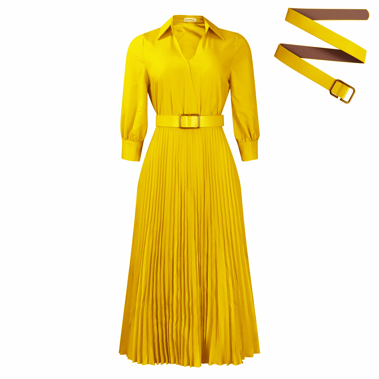 V Neck Long Sleeve Dress Solid Color Pleated Design Flowy Skirt Spring Fashion for Women Wholesale Available