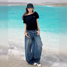 吸汗小衫露肩印花半袖体恤上衣服斜肩纯棉短袖T恤衫女落肩字母风