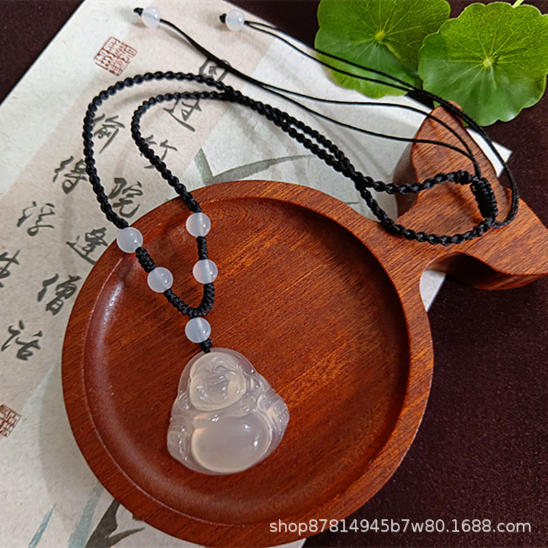 검은 밧줄이 달린 하이 아이스 화이트 칼세도니 부처님 양면 공(30*30mm)