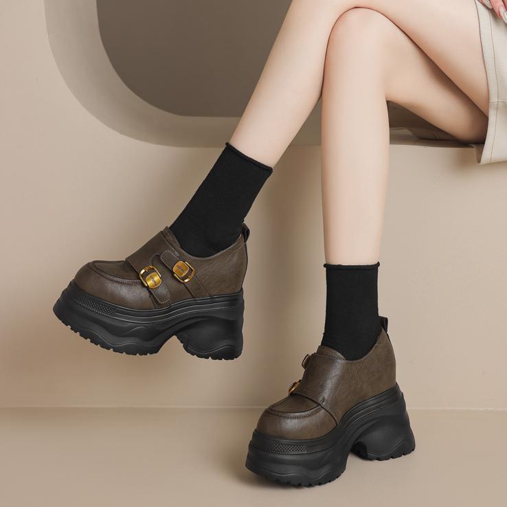 Giày loafer nữ đế xuồng cao 12 cm, miệng sâu cổ điển, khóa thắt lưng — Màu đen, Màu đen kaki